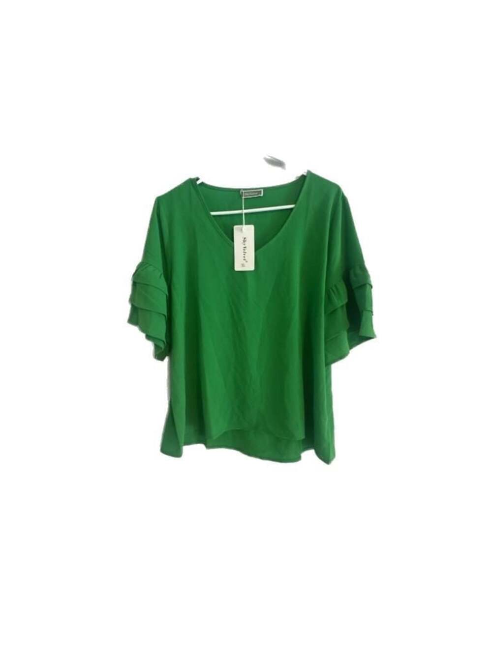Shy Velvet Green V-Neck Ruffle Sleeve Blouse Size XL